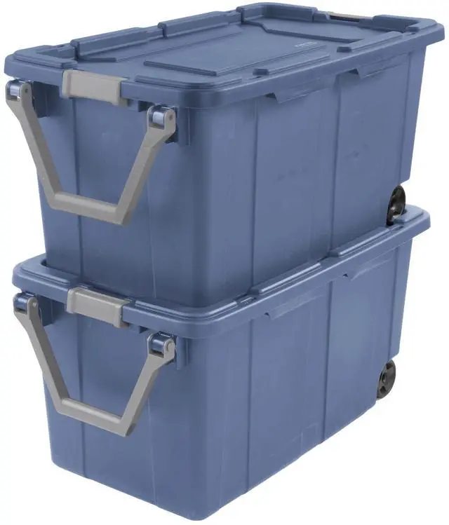 Alt view image 7 of 7 - Industrial Storage Tote with Wheels, Blue, Heavy-Duty Plastic, 40 Gallon, Latching Lid, Stackable, 36.75x21.38x18 Inch, 2 Pack