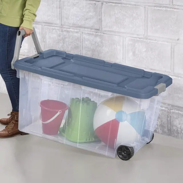Alt view image 3 of 7 - Wheeled Storage Box, Clear Plastic with Blue Lid, 160 Quart Capacity, Stackable Container with Latches, Heavy Duty Wheels, 36.75x21.38x18 Inch, 2 Pack