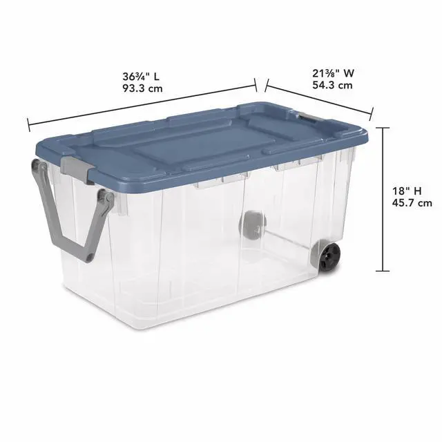 Alt view image 2 of 7 - Wheeled Storage Box, Clear Plastic with Blue Lid, 160 Quart Capacity, Stackable Container with Latches, Heavy Duty Wheels, 36.75x21.38x18 Inch, 2 Pack