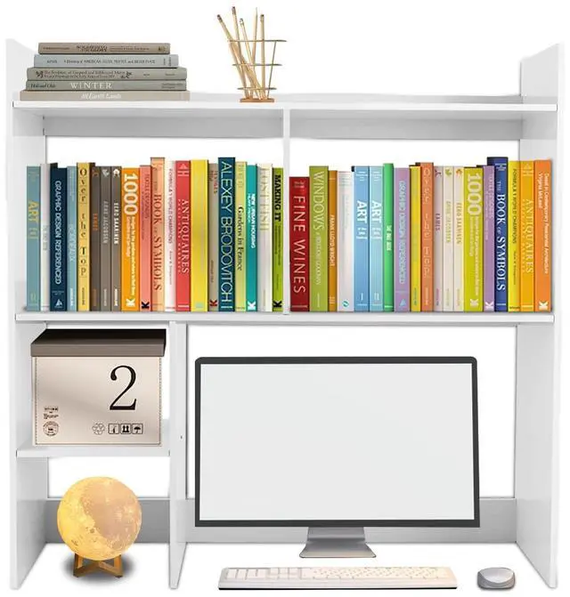 Main image of Desk Hutch, Desktop Shelf for Computer Desk, White 3-Tier Display Rack, Multipurpose Wood Bookshelf Storage Organizer for Dorm Office Home