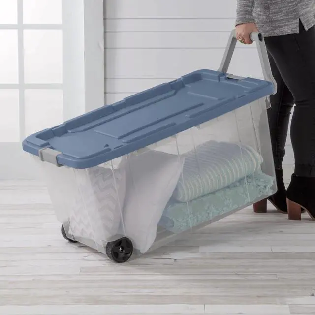 Alt view image 7 of 7 - Wheeled Storage Box, Clear Plastic with Blue Lid, 160 Quart Capacity, Stackable Container with Latches, Heavy Duty Wheels, 36.75x21.38x18 Inch, 2 Pack