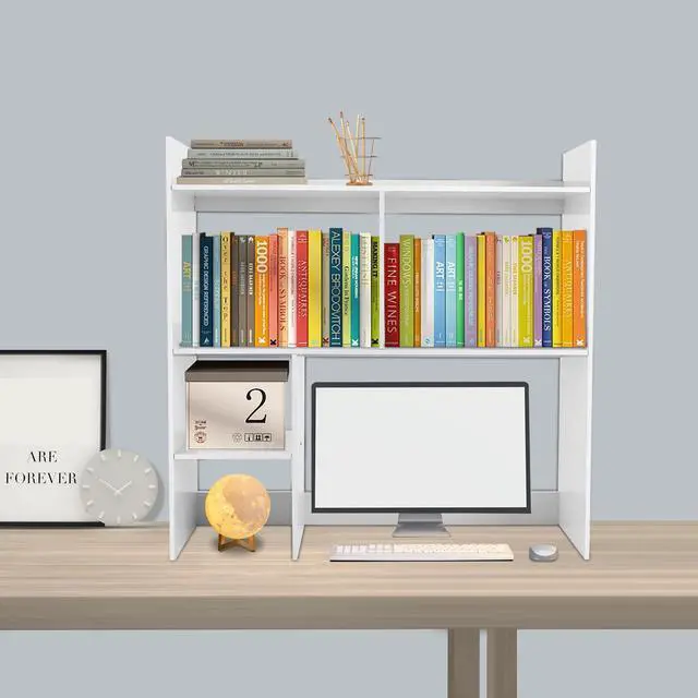 Alt view image 2 of 7 - Desk Hutch, Desktop Shelf for Computer Desk, White 3-Tier Display Rack, Multipurpose Wood Bookshelf Storage Organizer for Dorm Office Home