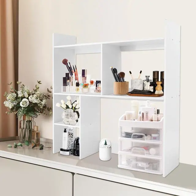 Alt view image 7 of 7 - Desk Hutch, Desktop Shelf for Computer Desk, White 3-Tier Display Rack, Multipurpose Wood Bookshelf Storage Organizer for Dorm Office Home