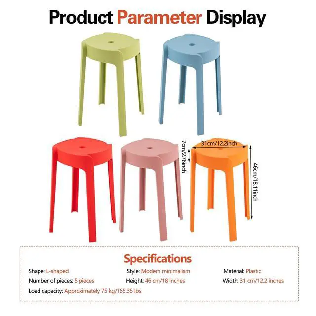 Alt view image 3 of 7 - 18Inch Plastic Stack Stools 5 Pack - Portable Stackable Chairs Backless Bar Stools for Kids, Unique Design Nesting Decorative Stool for Classroom School (Multi-Coloured)