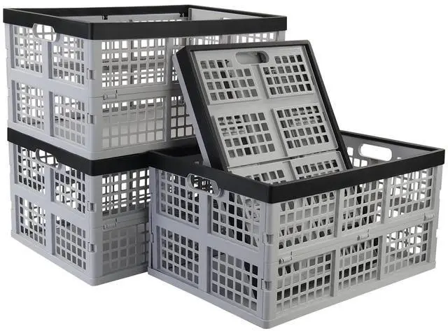 Main image of 42 Liter 4 Pack Collapsible Plastic Storage Crates, Folding Crate Storage, Stackable Utility Totes for Car Trunk, Home, Office, and Pantry Organization