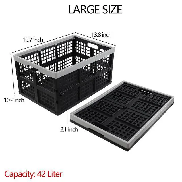 Alt view image 5 of 7 - 4 Pack Stackable Storage Crates Large, 42 L Plastic Collapsible Crates for Groceries
