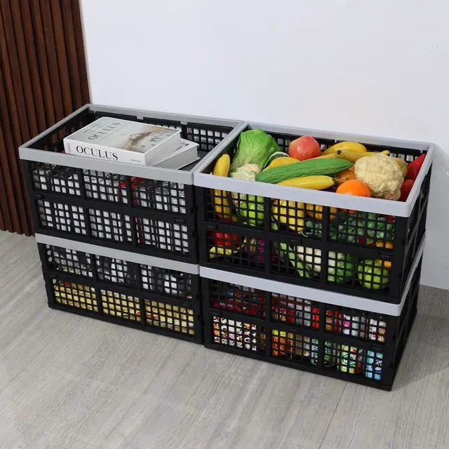 Alt view image 3 of 7 - 4 Pack Stackable Storage Crates Large, 42 L Plastic Collapsible Crates for Groceries