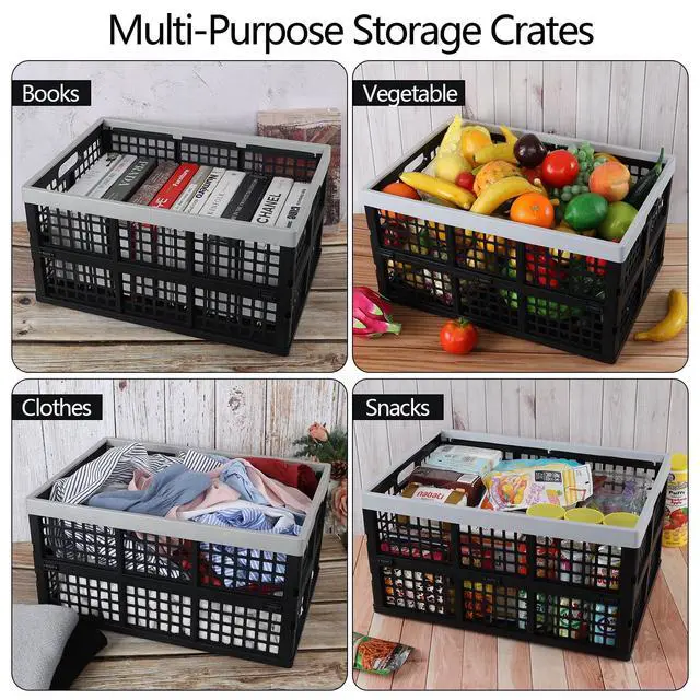 Alt view image 6 of 7 - 4 Pack Stackable Storage Crates Large, 42 L Plastic Collapsible Crates for Groceries