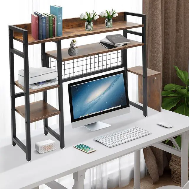 Alt view image 2 of 7 - Desktop Bookshelf Computer Desktop Bookshelf 2 Tier Countertop Hutch Display Shelf Desk Hutch Storage Organizer Multipurpose Countertop Display Shelf Bookcase Organizer for Home Office