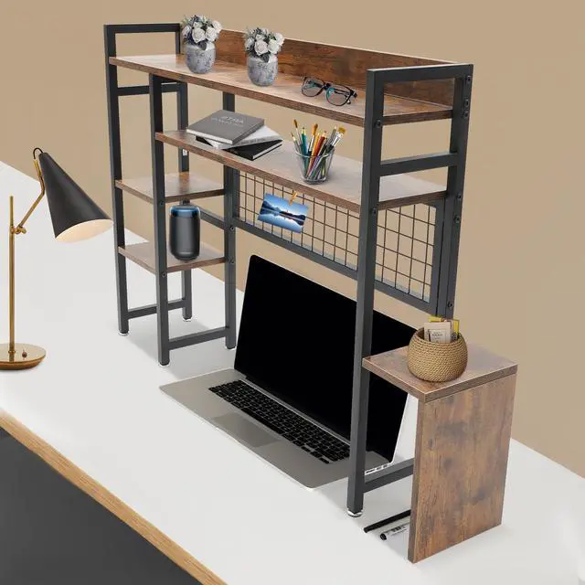 Alt view image 7 of 7 - Desktop Bookshelf Computer Desktop Bookshelf 2 Tier Countertop Hutch Display Shelf Desk Hutch Storage Organizer Multipurpose Countertop Display Shelf Bookcase Organizer for Home Office