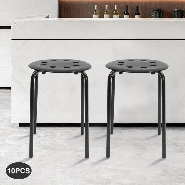 Alt view image 4 of 7 - 10 Pack Stacking Stools Set with Metal Frame, 17 in Portable Classroom Stackable Plastic Stools Backless White Stool + Round Top for Children Students School Office Home Kitchen. (Black)