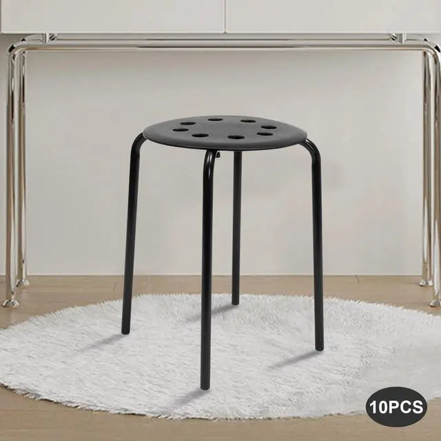 Alt view image 2 of 7 - 10 Pack Stacking Stools Set with Metal Frame, 17 in Portable Classroom Stackable Plastic Stools Backless White Stool + Round Top for Children Students School Office Home Kitchen. (Black)