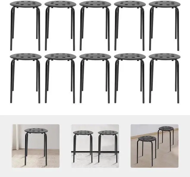 Alt view image 6 of 7 - 10 Pack Stacking Stools Set with Metal Frame, 17 in Portable Classroom Stackable Plastic Stools Backless White Stool + Round Top for Children Students School Office Home Kitchen. (Black)