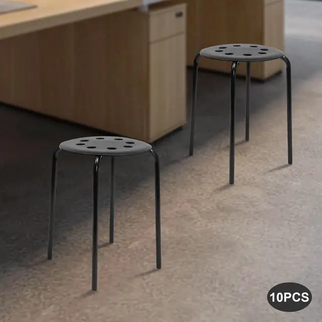 Alt view image 5 of 7 - 10 Pack Stacking Stools Set with Metal Frame, 17 in Portable Classroom Stackable Plastic Stools Backless White Stool + Round Top for Children Students School Office Home Kitchen. (Black)