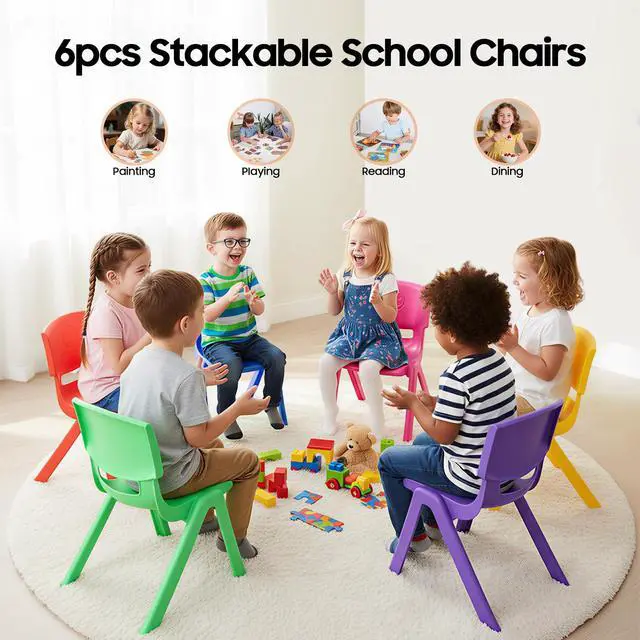 Alt view image 5 of 7 - 6Pcs Stackable School Chairs, 11 inch Height Kids Colorful Plastic Stack Chair, Plastic Classrooms Chairs for School, Daycare, Children's Bedrooms, Preschools, 220lbs Capacity