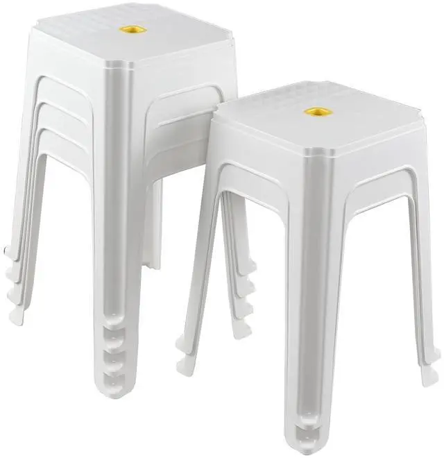 Main image of 6 Pack White Plastic Portable Square Stacking Nesting Stools | 18.5 Inch stool, built-in yellow carry handle, lightweight portable structure, multi-use for home classroom office