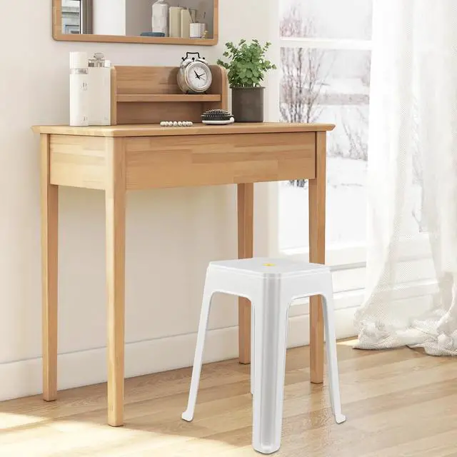 Alt view image 2 of 7 - 6 Pack White Plastic Portable Square Stacking Nesting Stools | 18.5 Inch stool, built-in yellow carry handle, lightweight portable structure, multi-use for home classroom office