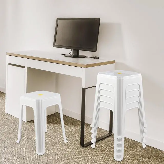 Alt view image 5 of 7 - 6 Pack White Plastic Portable Square Stacking Nesting Stools | 18.5 Inch stool, built-in yellow carry handle, lightweight portable structure, multi-use for home classroom office