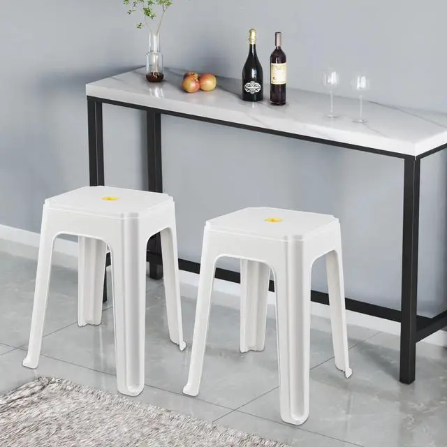 Alt view image 6 of 7 - 6 Pack White Plastic Portable Square Stacking Nesting Stools | 18.5 Inch stool, built-in yellow carry handle, lightweight portable structure, multi-use for home classroom office