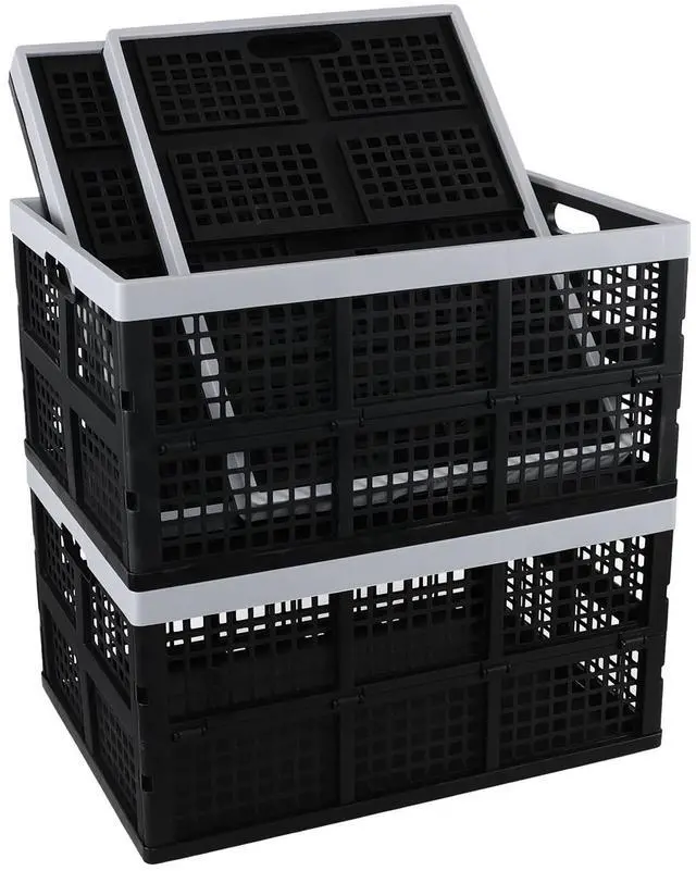 Main image of Large Stackable Storage Crates, 66L Collapsible Milk Crate, 4 Pack | Black Plastic Folding Baskets, Foldable Storage Container Tote, Space-Saving Crates for Garage, Car, Closet