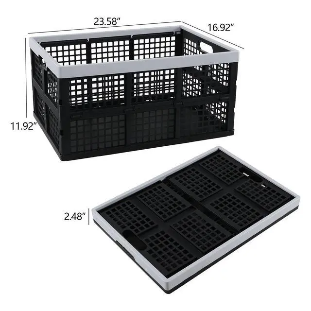 Alt view image 2 of 7 - Large Stackable Storage Crates, 66L Collapsible Milk Crate, 4 Pack | Black Plastic Folding Baskets, Foldable Storage Container Tote, Space-Saving Crates for Garage, Car, Closet