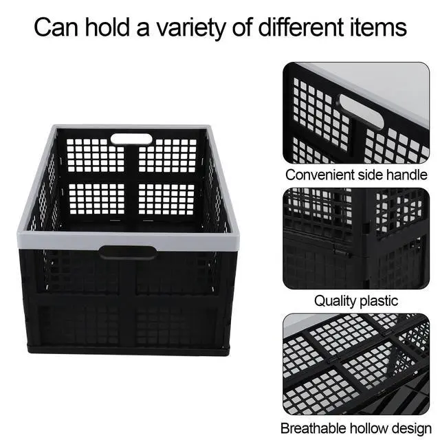 Alt view image 3 of 7 - Large Stackable Storage Crates, 66L Collapsible Milk Crate, 4 Pack | Black Plastic Folding Baskets, Foldable Storage Container Tote, Space-Saving Crates for Garage, Car, Closet