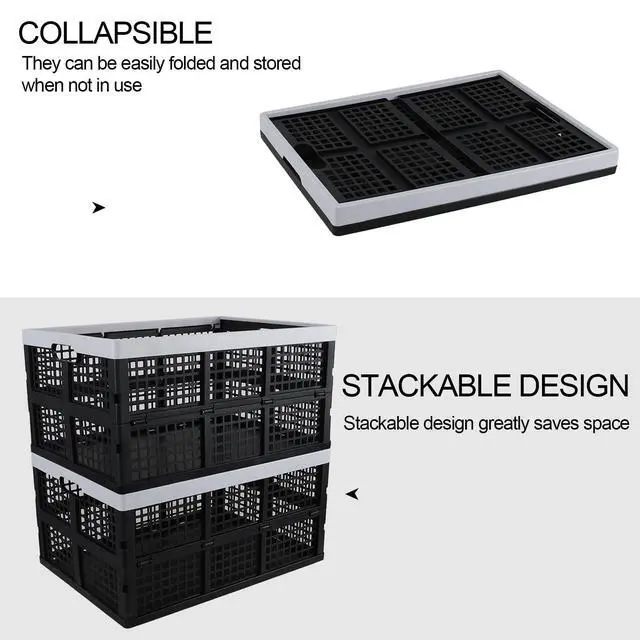 Alt view image 4 of 7 - Large Stackable Storage Crates, 66L Collapsible Milk Crate, 4 Pack | Black Plastic Folding Baskets, Foldable Storage Container Tote, Space-Saving Crates for Garage, Car, Closet