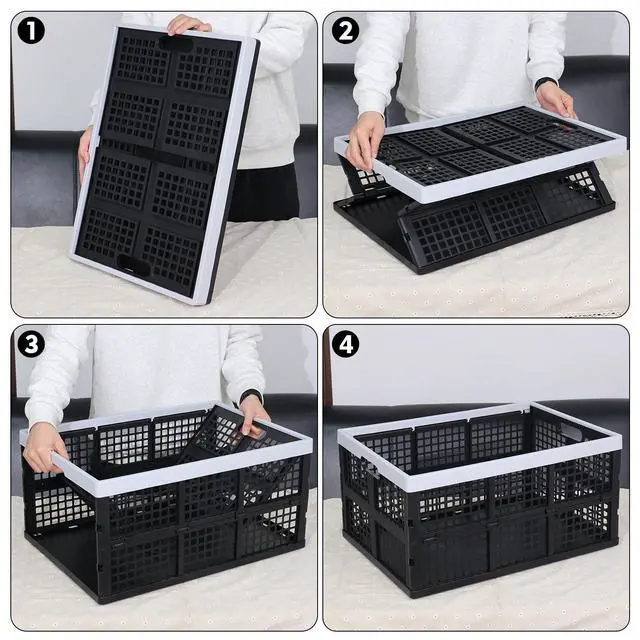 Alt view image 5 of 7 - Large Stackable Storage Crates, 66L Collapsible Milk Crate, 4 Pack | Black Plastic Folding Baskets, Foldable Storage Container Tote, Space-Saving Crates for Garage, Car, Closet