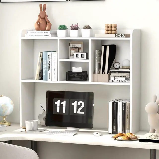 Main image of Desktop Bookshelf, Desk Storage Hutch with 6 Shelves for Computer Desk, 3-Tier Display Organizer Rack with Adjustable Dividers for Office Home (White)