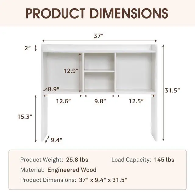 Alt view image 2 of 7 - Desktop Bookshelf, Desk Storage Hutch with 6 Shelves for Computer Desk, 3-Tier Display Organizer Rack with Adjustable Dividers for Office Home (White)