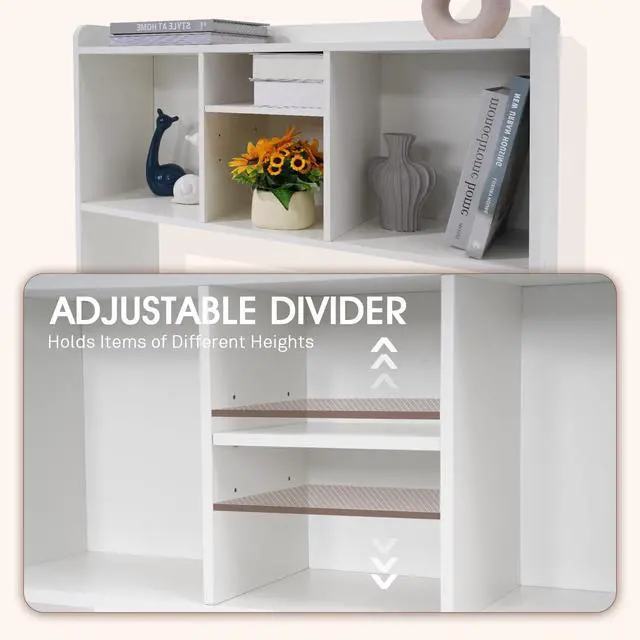 Alt view image 4 of 7 - Desktop Bookshelf, Desk Storage Hutch with 6 Shelves for Computer Desk, 3-Tier Display Organizer Rack with Adjustable Dividers for Office Home (White)