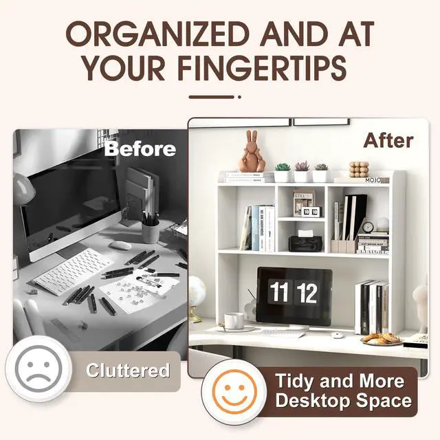Alt view image 3 of 7 - Desktop Bookshelf, Desk Storage Hutch with 6 Shelves for Computer Desk, 3-Tier Display Organizer Rack with Adjustable Dividers for Office Home (White)