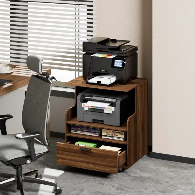 Alt view image 2 of 7 - Printer Stand with Storage, 4-Tier Office Cabinet with Wheels | Mobile Printer Table with Drawers, Can Hold 2 Printers Office Desk, Under Desk Storage, Mid Century Modern, Borwn