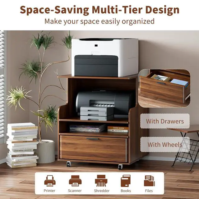 Alt view image 3 of 7 - Printer Stand with Storage, 4-Tier Office Cabinet with Wheels | Mobile Printer Table with Drawers, Can Hold 2 Printers Office Desk, Under Desk Storage, Mid Century Modern, Borwn