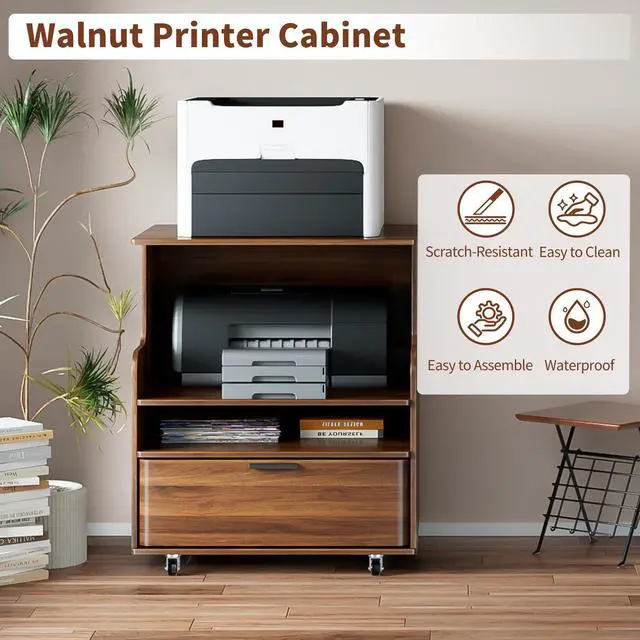 Alt view image 4 of 7 - Printer Stand with Storage, 4-Tier Office Cabinet with Wheels | Mobile Printer Table with Drawers, Can Hold 2 Printers Office Desk, Under Desk Storage, Mid Century Modern, Borwn