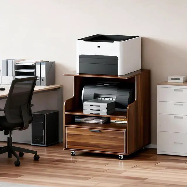 Alt view image 5 of 7 - Printer Stand with Storage, 4-Tier Office Cabinet with Wheels | Mobile Printer Table with Drawers, Can Hold 2 Printers Office Desk, Under Desk Storage, Mid Century Modern, Borwn