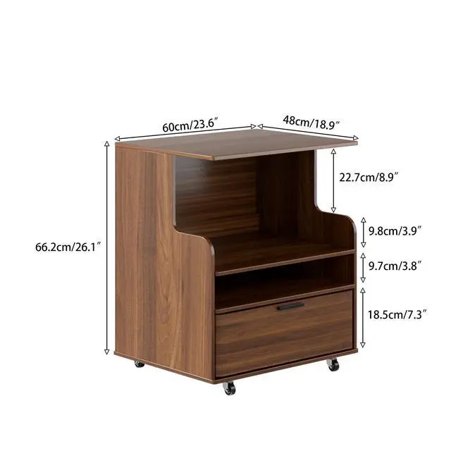 Alt view image 6 of 7 - Printer Stand with Storage, 4-Tier Office Cabinet with Wheels | Mobile Printer Table with Drawers, Can Hold 2 Printers Office Desk, Under Desk Storage, Mid Century Modern, Borwn