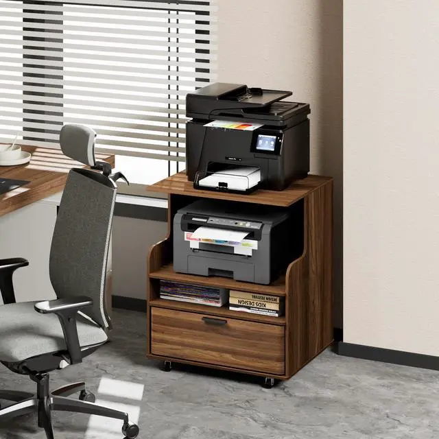 Alt view image 7 of 7 - Printer Stand with Storage, 4-Tier Office Cabinet with Wheels | Mobile Printer Table with Drawers, Can Hold 2 Printers Office Desk, Under Desk Storage, Mid Century Modern, Borwn