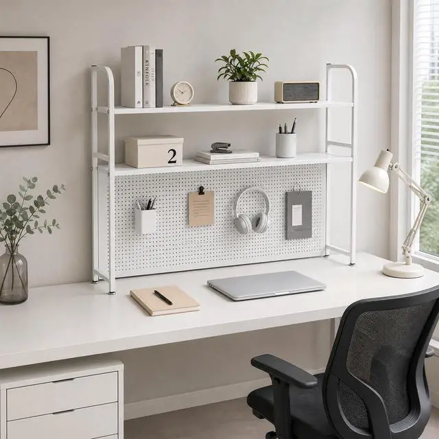 Alt view image 4 of 7 - 2 Tiers Desktop Hutch Bookshelf, 45" W Countertop Storage Organizer, Metal Desk Shelf Bookcase, Multipurpose Display Rack with Pegboard Screwdriver Set for Dorm Office Home, White