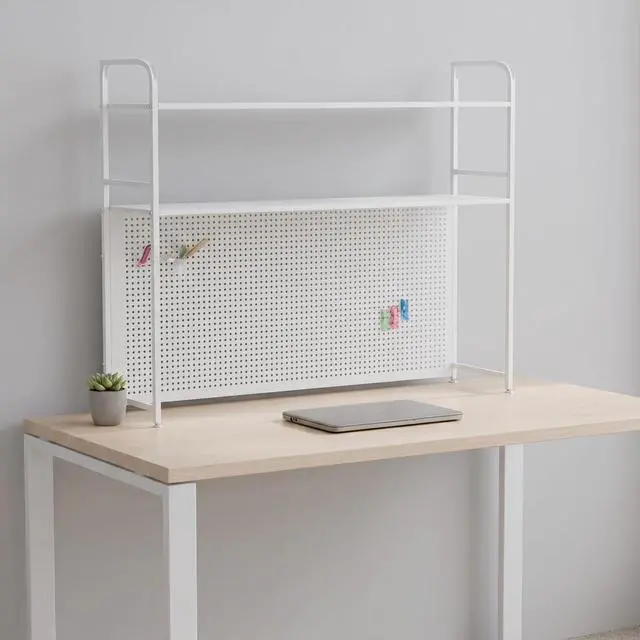 Alt view image 5 of 7 - 2 Tiers Desktop Hutch Bookshelf, 45" W Countertop Storage Organizer, Metal Desk Shelf Bookcase, Multipurpose Display Rack with Pegboard Screwdriver Set for Dorm Office Home, White