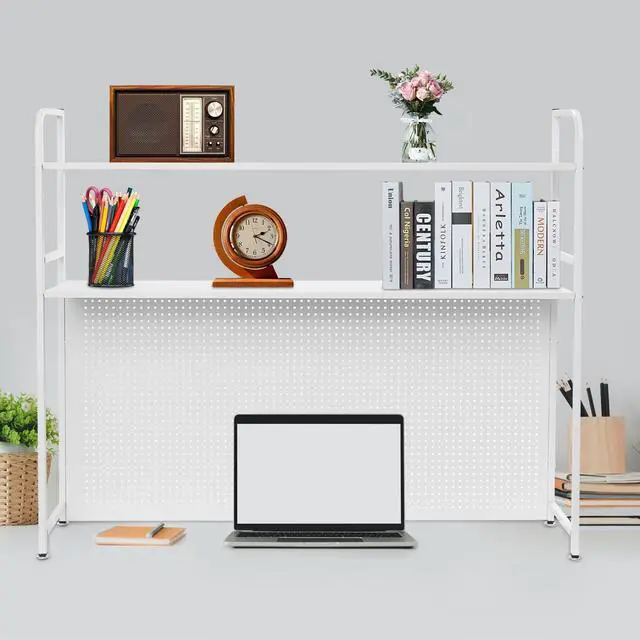 Alt view image 3 of 7 - 2 Tiers Desktop Hutch Bookshelf, 45" W Countertop Storage Organizer, Metal Desk Shelf Bookcase, Multipurpose Display Rack with Pegboard Screwdriver Set for Dorm Office Home, White