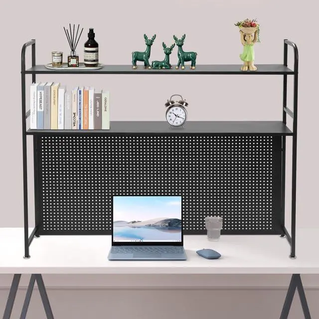 Alt view image 2 of 7 - Desktop Hutch Bookshelf, 45" W Countertop Storage Organizer, 2 Tiers Metal Desk Shelf Bookcase, Multipurpose Display Rack with Pegboard Screwdriver Set for Dorm Office Home