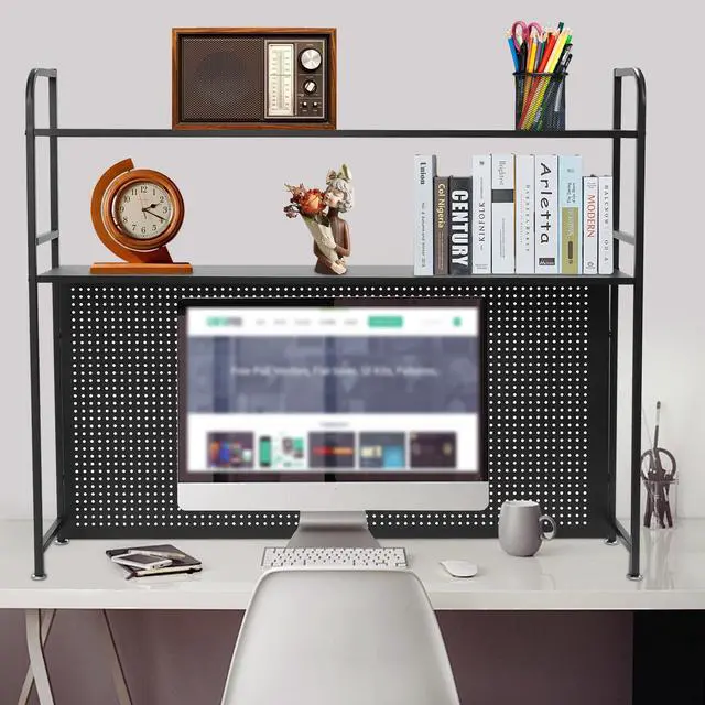 Alt view image 4 of 7 - Desktop Hutch Bookshelf, 45" W Countertop Storage Organizer, 2 Tiers Metal Desk Shelf Bookcase, Multipurpose Display Rack with Pegboard Screwdriver Set for Dorm Office Home