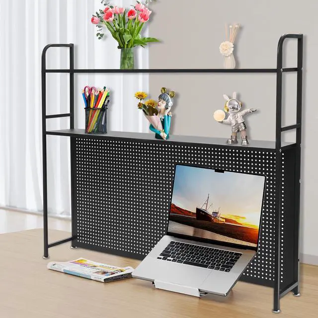 Alt view image 5 of 7 - Desktop Hutch Bookshelf, 45" W Countertop Storage Organizer, 2 Tiers Metal Desk Shelf Bookcase, Multipurpose Display Rack with Pegboard Screwdriver Set for Dorm Office Home