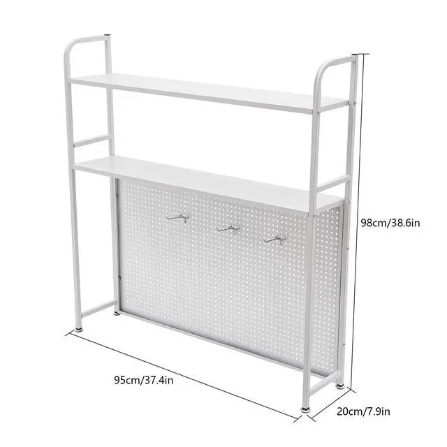 Alt view image 2 of 7 - Desktop Hutch Bookshelf, 2-Tier Metal Desk Shelf Bookcase, Countertop Storage Organizer, Multipurpose Display Rack with Pegboard Hooks Screwdriver Set for Dorm Office Home (White, 37.4")