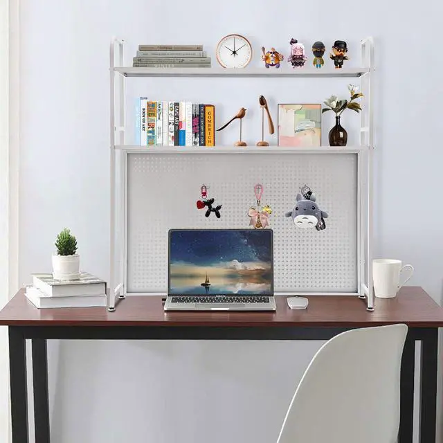 Alt view image 3 of 7 - Desktop Hutch Bookshelf, 2-Tier Metal Desk Shelf Bookcase, Countertop Storage Organizer, Multipurpose Display Rack with Pegboard Hooks Screwdriver Set for Dorm Office Home (White, 37.4")