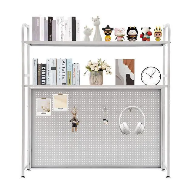 Alt view image 5 of 7 - Desktop Hutch Bookshelf, 2-Tier Metal Desk Shelf Bookcase, Countertop Storage Organizer, Multipurpose Display Rack with Pegboard Hooks Screwdriver Set for Dorm Office Home (White, 37.4")