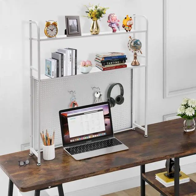 Alt view image 4 of 7 - Desktop Hutch Bookshelf, 2-Tier Metal Desk Shelf Bookcase, Countertop Storage Organizer, Multipurpose Display Rack with Pegboard Hooks Screwdriver Set for Dorm Office Home (White, 37.4")