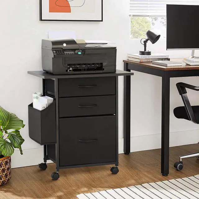 Main image of Cabinet Printer Stand with 3 Fabric Drawer, Mobile File Cabinet for Home Office with Storage Bag, Rolling Under Desk Organizer Shelf, for Hanging A4, Letter Size, Complete Top Plate (Black)