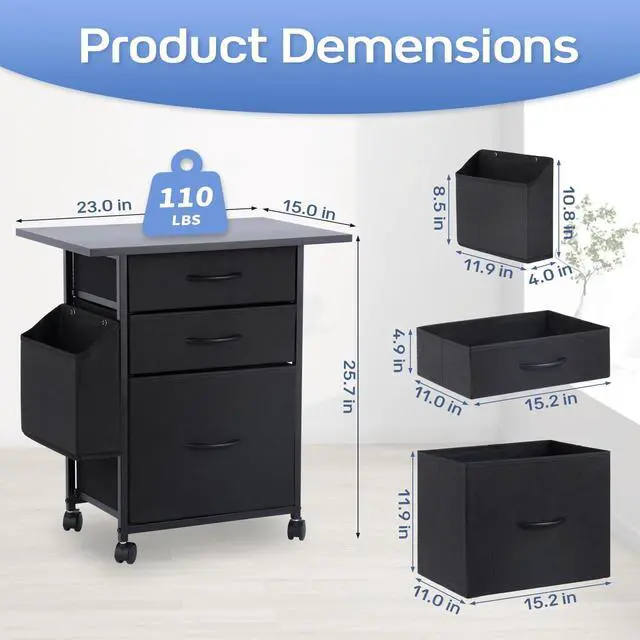 Alt view image 2 of 7 - Cabinet Printer Stand with 3 Fabric Drawer, Mobile File Cabinet for Home Office with Storage Bag, Rolling Under Desk Organizer Shelf, for Hanging A4, Letter Size, Complete Top Plate (Black)
